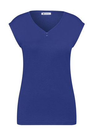 Haut bleu à manches courtes avec col en V et deux petits boutons sous l'encolure, étiquette "Street One" à l'intérieur du col.