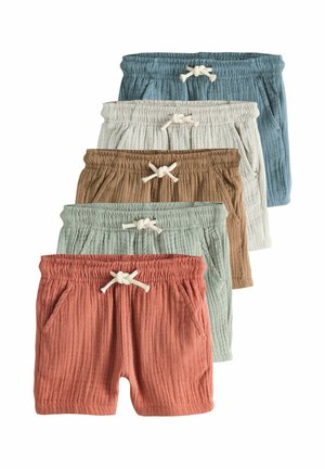 Set aus fünf weichen, gerippten Baumwollshorts in den Farben Rost, Grün, Braun, Hellblau und Creme, jeweils mit elastischem Bund und Kordelzug.