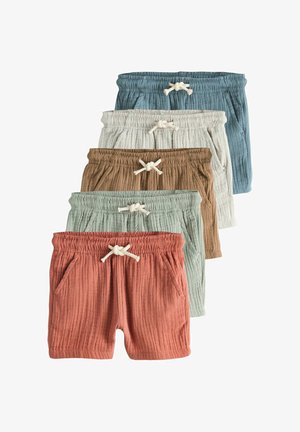 Set aus fünf weichen, gerippten Baumwollshorts in den Farben Rost, Grün, Braun, Hellblau und Creme, jeweils mit elastischem Bund und Kordelzug.