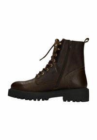 Bottines en cuir marron avec lacets à l'avant, fermeture éclair sur le côté, surface texturée, semelle en caoutchouc noir robuste et détails de couture renforcée.