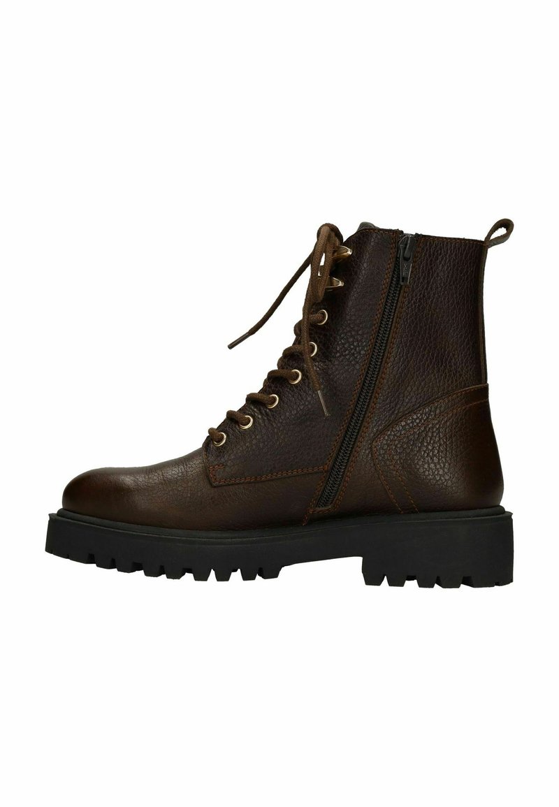 Bottines en cuir marron avec lacets à l'avant, fermeture éclair sur le côté, surface texturée, semelle en caoutchouc noir robuste et détails de couture renforcée.
