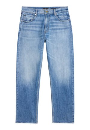 Jeans in denim azzurro chiaro a gamba dritta con chiusura frontale a bottone e cerniera, design a cinque tasche. Leggero sbiadimento su cosce e ginocchia.