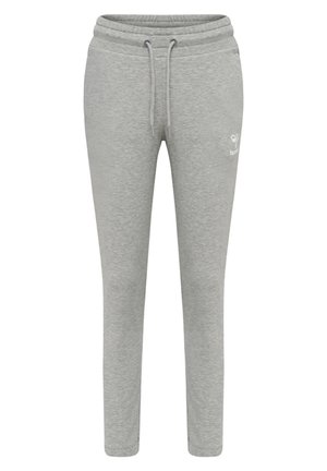 Grijze sweatpants van zacht materiaal, met een elastische tailleband met trekkoord, tapered legs en een klein logo-accent aan de voorkant.