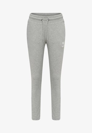 Grijze sweatpants van zacht materiaal, met een elastische tailleband met trekkoord, tapered legs en een klein logo-accent aan de voorkant.