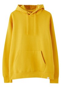 Sweat à capuche jaune à enfiler avec poche kangourou sur le devant et capuche réglable par cordon, en tissu doux.