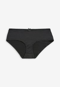 Mutande hipster in cotone nero con una texture liscia, dotate di un fiocco decorativo in vita e di un delicato pizzo lungo la parte superiore.