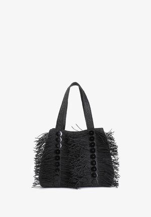 Geantă de umăr țesută, de culoare neagră, cu detalii din franjuri, având două mânere rezistente și butoane decorative pe față. Suprafață texturată pe toată durata.