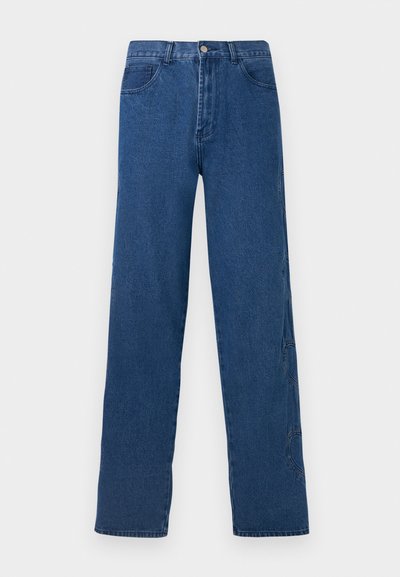 High-rise blue denim jeans with a straight leg design, five pockets, and subtle stitching details on the sides.