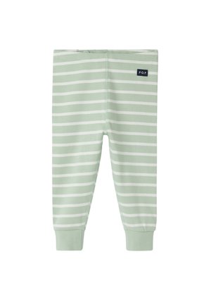 Lichtgroene en witte babyleggings met horizontale strepen, met omgeslagen enkels en een klein donker label met de tekst "P.O.P" vlak bij de tailleband.