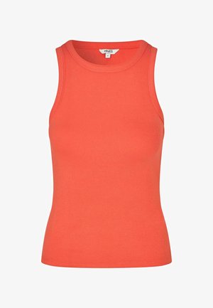 Koraalrode geribbelde mouwloze tanktop met ronde hals en aansluitende pasvorm, maat small.