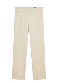 Beige broek van gladde stof, met twee voorzakken, een rechte snit en een nette afwerking zonder zichtbare versieringen.