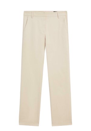 Pantaloni beige realizzati in tessuto liscio, caratterizzati da due tasche anteriori, una linea dritta e una finitura pulita senza abbellimenti visibili.