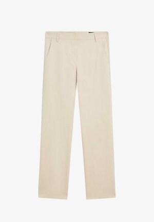 Beige Hosen aus glattem Stoff mit zwei vorderen Taschen, geradem Schnitt und einem sauberen Finish ohne sichtbare Verzierungen.