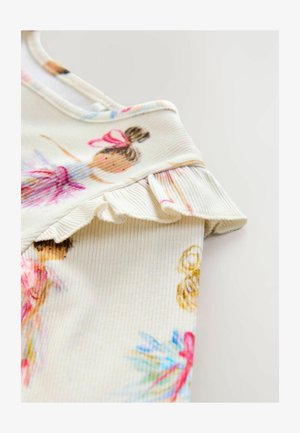 Children's top made of ribbed fabric, featuring a cream base with colorful ballet dancer prints and a ruffled collar detail.