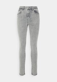 Jeans de mezclilla gris con un ajuste slim, cintura alta y diseño de cinco bolsillos. Presenta detalles de costura y una textura suave.