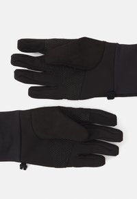 Schwarze Handschuhe mit glatter Außenseite und strukturiertem Griff an den Handflächen. Zu den Merkmalen gehören Fingerschnitte, Handgelenksriemen und ein enganliegendes Design.
