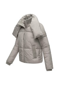 Hellgraue gepolsterte Winterjacke mit abnehmbarem hohen Kragen und Reißverschluss, ausgestattet mit gerippten Bündchen und seitlichen Taschen.