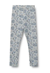 Hellblaue Leggings mit einem durchgehenden kleinen Blumenmuster in Weiß-, Blau- und Beigetönen, flach auf einem weißen Hintergrund dargestellt.