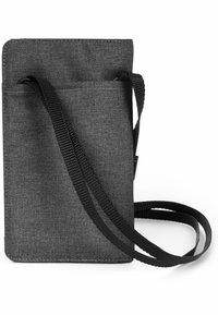 Borsa a tracolla grigia in tessuto con superficie testurizzata, tracolla nera regolabile e tasca frontale per un facile accesso agli oggetti.