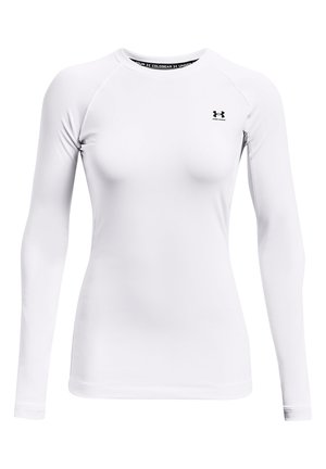 White long-sleeve shirt with a smooth texture, raglan sleeves, and black logo on the left chest. Simple, fitted design.