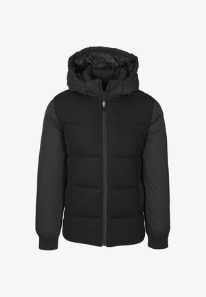 Giacca imbottita nera con cappuccio, caratterizzata da un pannello frontale testurizzato, due tasche con zip e polsini elasticizzati. Chiusura con zip davanti.