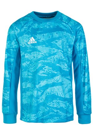 Langärmliges türkises Sportshirt mit strukturiertem Bergmuster, Rundhalsausschnitt und kontrastierenden blauen Seitenpanelen. Adidas-Logo auf der Brust.