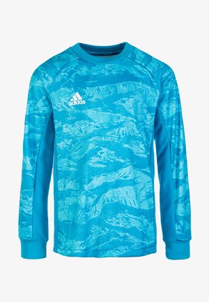 Langärmliges türkises Sportshirt mit strukturiertem Bergmuster, Rundhalsausschnitt und kontrastierenden blauen Seitenpanelen. Adidas-Logo auf der Brust.