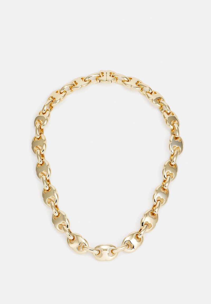 Gold-tone chain necklace with interlocking oval links, polished finish, and a sturdy clasp for secure closure.