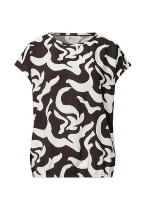 Blouse noire et blanche à manches courtes avec motif abstrait tourbillonnant, bas élastiqué, encolure ronde et coupe décontractée.