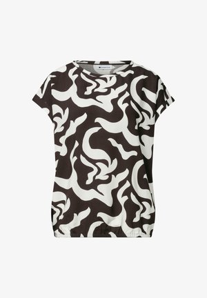 Blouse noire et blanche à manches courtes avec motif abstrait tourbillonnant, bas élastiqué, encolure ronde et coupe décontractée.