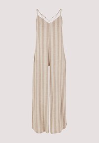 Beige gestreifter Overall mit weitem Bein, Spaghetti-Trägern und V-Ausschnitt. Hergestellt aus leichtem Stoff mit einer weichen, strukturierten Oberfläche.
