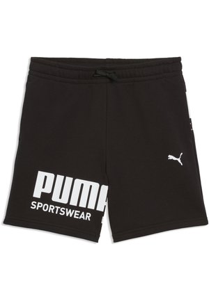 Pantalones cortos deportivos negros de Puma con cintura elástica, cordón, gran logo blanco de Puma en la pierna izquierda y logo más pequeño del gato Puma en la pierna derecha.