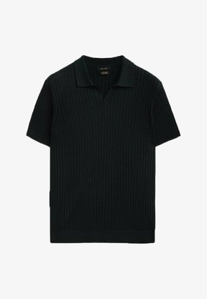 Zwart ribgebreid poloshirt met korte mouwen, kraag en subtiele V-halsopening, plat gelegd op een witte achtergrond.