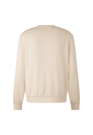 Beige sweatshirt met lange mouwen, ronde hals, en ribgebreide manchetten en zoom. Gladde stof structuur, onversierde achterkant.