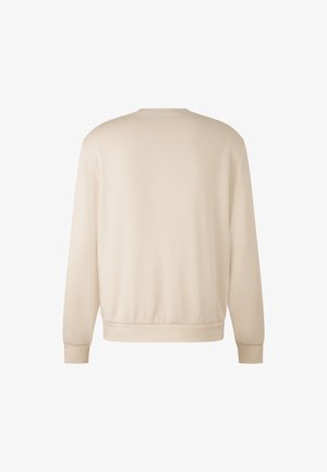 Beżowa bluza z długimi rękawami, okrągłym dekoltem oraz ściągaczami na mankietach i dolnym brzegu. Gładka tekstura materiału, nieozdobiony widok z tyłu.