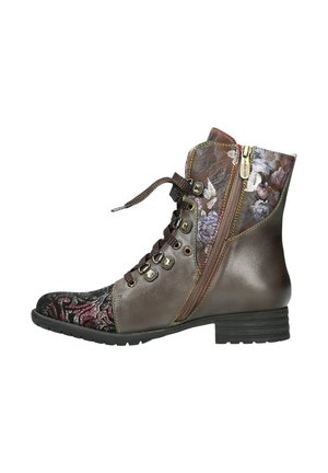 Bottine en cuir marron avec tissu à motifs floraux, lacets à l'avant, fermeture éclair sur le côté et talon épais avec semelle texturée.