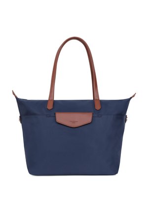 Borsa tote blu navy con manici in pelle marrone e piccola tasca anteriore con patta, design minimalista, forma strutturata.