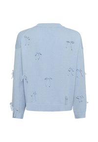 Light blue sweater with a relaxed fit, featuring decorative fabric bows scattered across the back and sleeves.