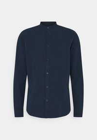 Chemise bleu marine à manches longues avec col montant, boutonnage avant et poignets à un bouton, confectionnée en tissu texturé uni.