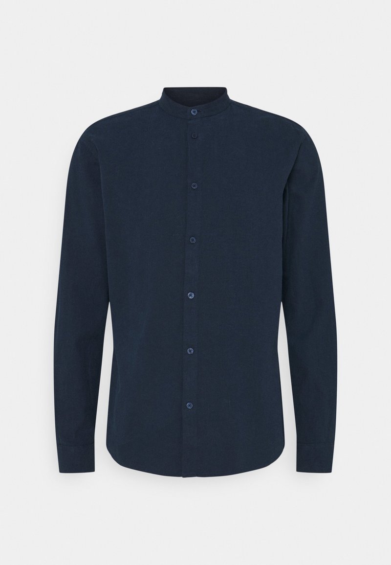 Chemise bleu marine à manches longues avec col montant, boutonnage avant et poignets à un bouton, confectionnée en tissu texturé uni.