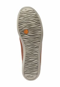 Podeszwa buta z falistym wzorem tekstury w białej gumie, z małym pomarańczowym okrągłym logo i rozmiarem '38' wytłoczonym w pobliżu pięty.