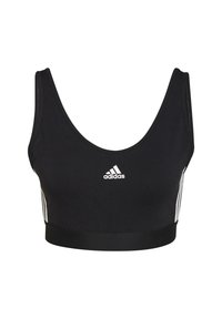 Sujetador deportivo negro de tejido suave, con escote redondeado, logo de Adidas en blanco y tres franjas blancas en los lados. Dobladillo con banda elástica.