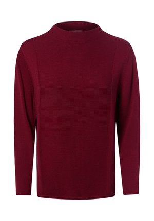 Bordeauxroter Strickpullover mit langen Ärmeln, rundem Ausschnitt und strukturiertem Muster auf Vorderseite und Ärmeln.
