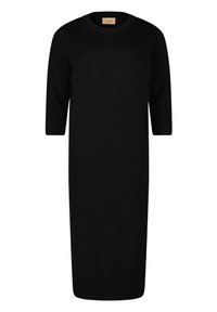 Robe-pull noire avec un col rond et des manches trois-quarts, présentant une coupe droite et une longueur mi-mollet. Texture lisse.