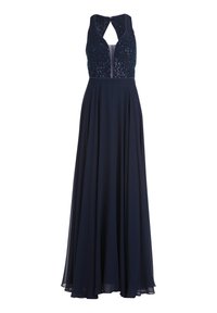 Abendkleid in Navyblau mit ärmellosem Design, verziertem Spitzen-Oberteil, ausgeschnittenem Rücken und fließendem Rock. Mit dekorativen Pailletten.