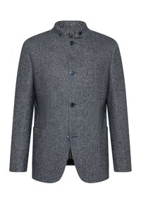 Gray wool blend jacket with a high collar, four buttons, two front pockets, and a subtle textured finish. Features a single chest pocket.