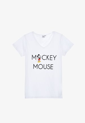 Weißes Baumwoll-T-Shirt mit V-Ausschnitt, das einen schwarzen Aufdruck von "MICKEY MOUSE" und eine kleine farbige Mickey Mouse-Grafik zeigt.
