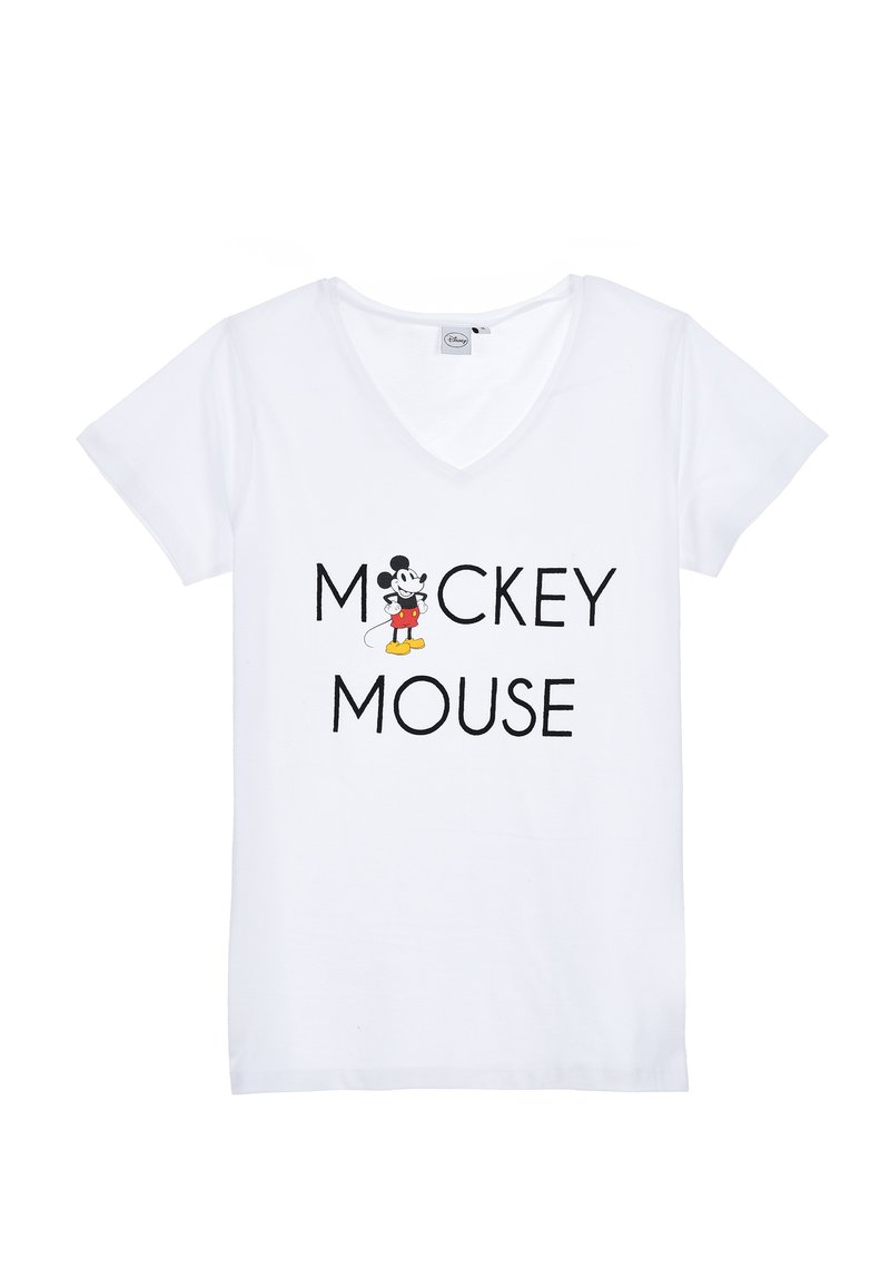 Weißes Baumwoll-T-Shirt mit V-Ausschnitt, das einen schwarzen Aufdruck von "MICKEY MOUSE" und eine kleine farbige Mickey Mouse-Grafik zeigt.