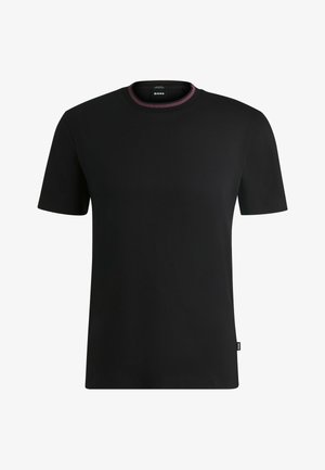 Schwarzes kurzärmliges T-Shirt aus weicher Baumwolle. Verfügt über einen Rundhalsausschnitt mit einem kontrastierenden burgunderroten Besatz und einem kleinen Markenetikett an der Seite.