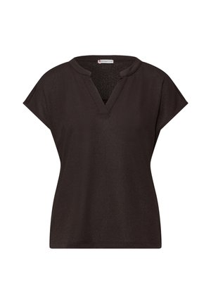 Černá krátká dámská halenka s výstřihem do V a stojáčkovým límcem, vyrobená z mírně strukturované látky.